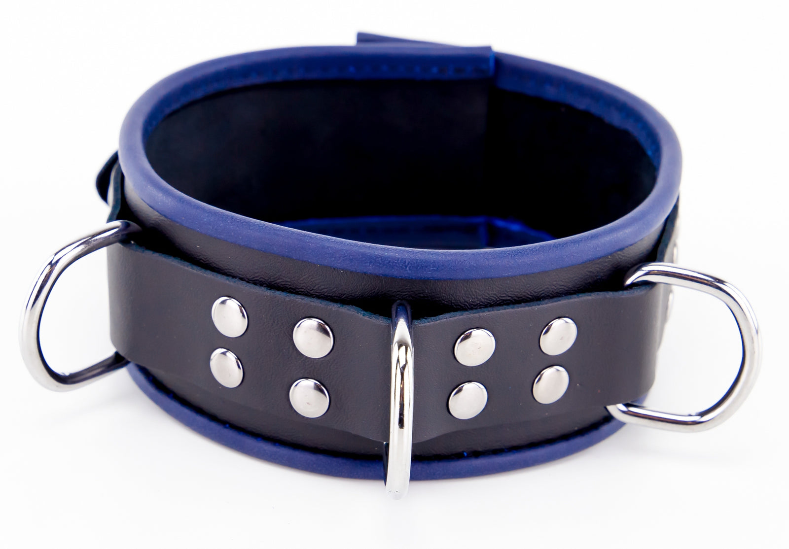 Collier en cuir - 3 anneaux D - Noir/Bleu